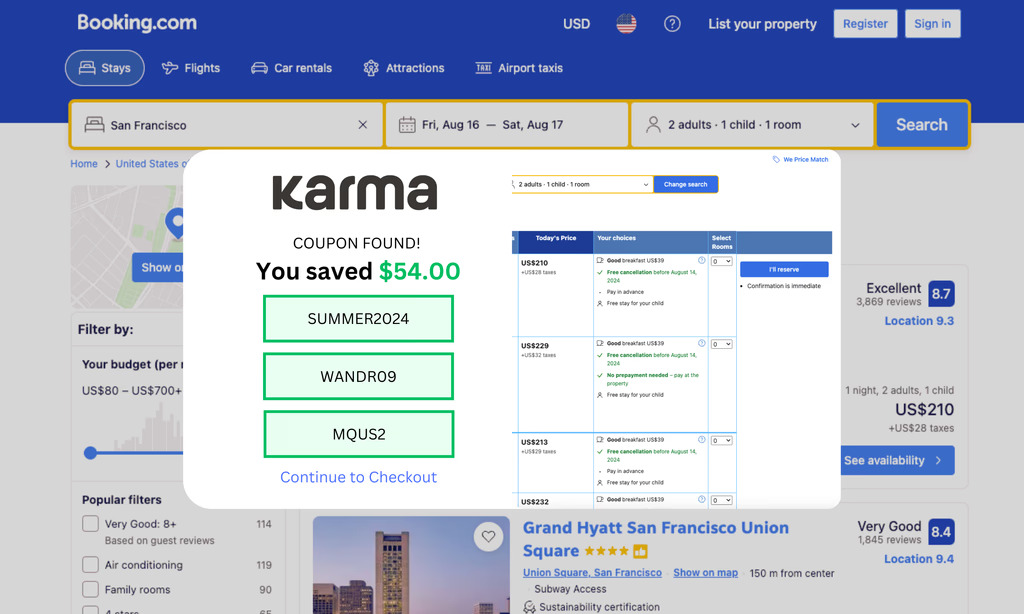 Booking.com search with San Francisco and discount codes saving $54