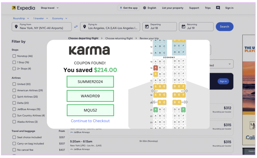 Karma coupon saving $214 on Expedia flight booking