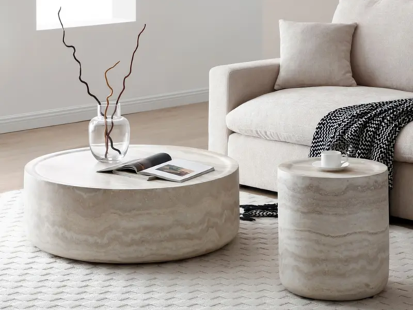 Modern living room with round marble coffee tables