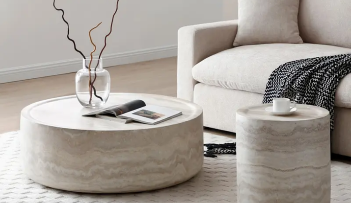 Modern living room with round marble coffee tables