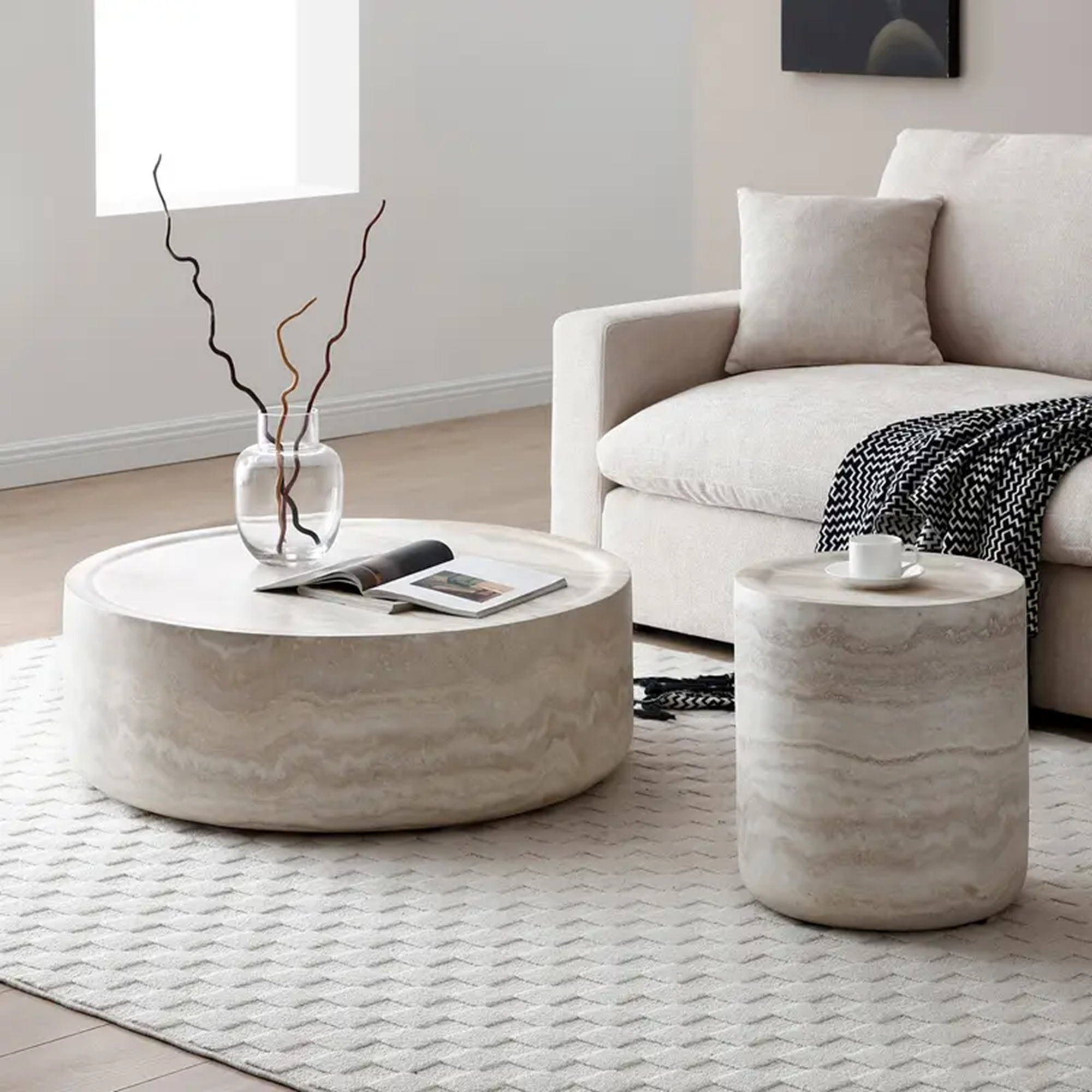 Modern living room with round marble coffee tables