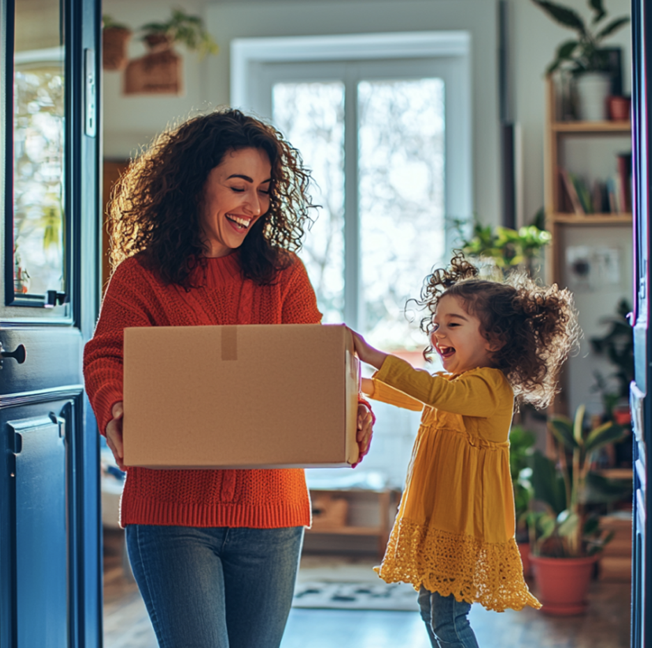Mother and daughter happily holding a cardboard box