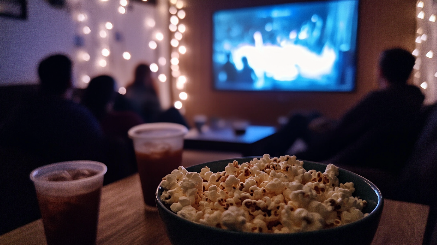 Bowl of popcorn and drinks during movie night