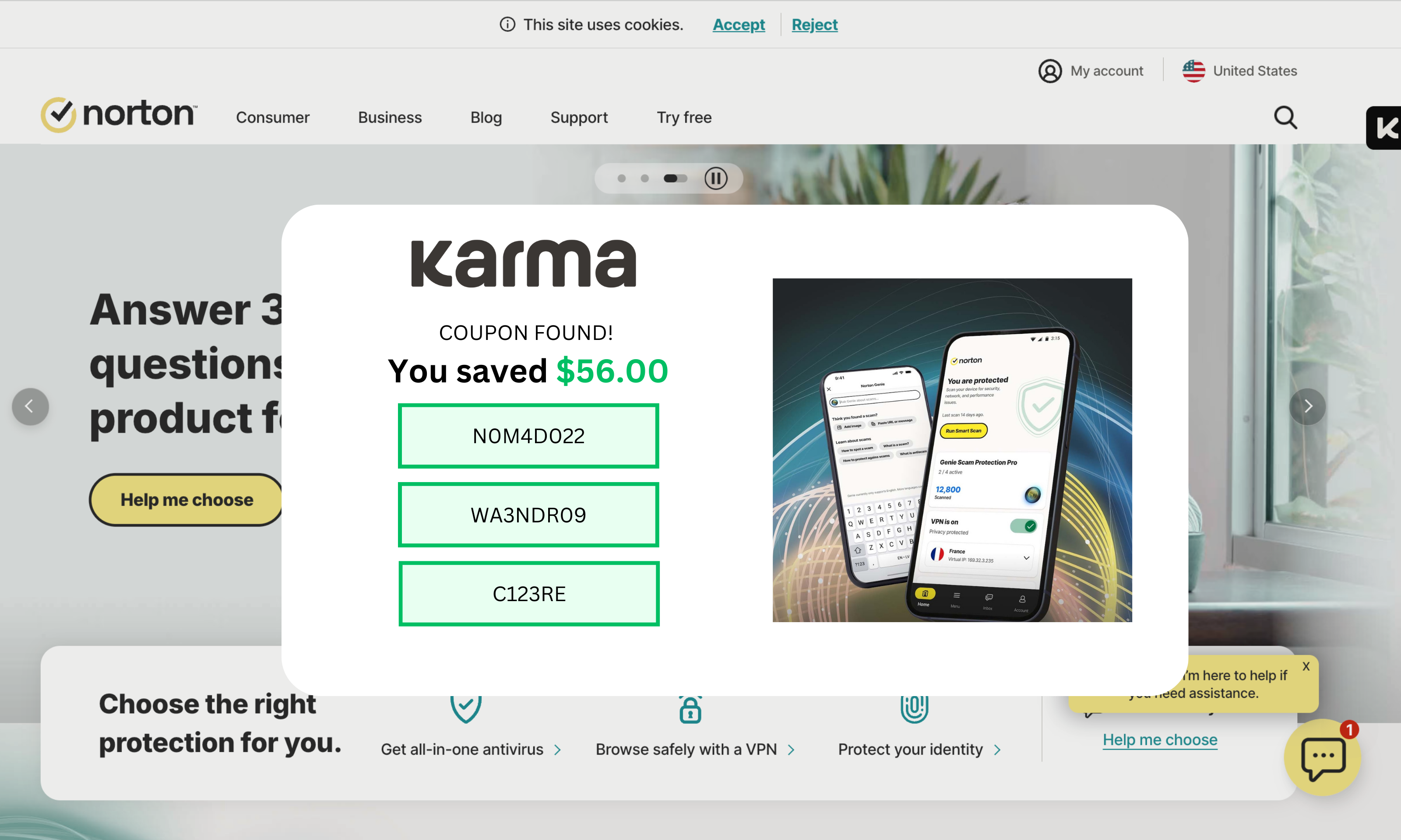 Karma coupon popup with $56.00 savings on Norton website