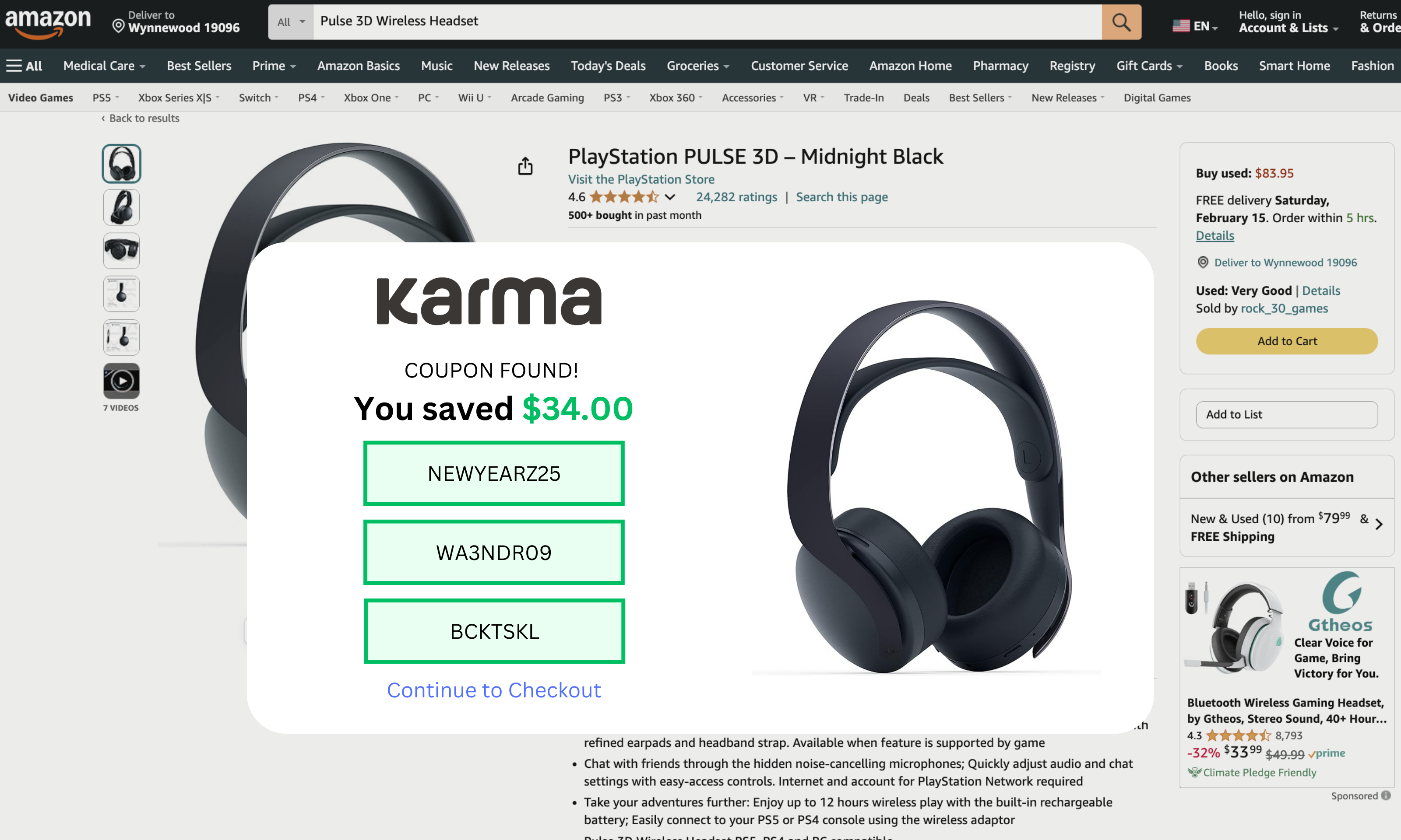 Black PlayStation Pulse 3D wireless headset on Amazon product page