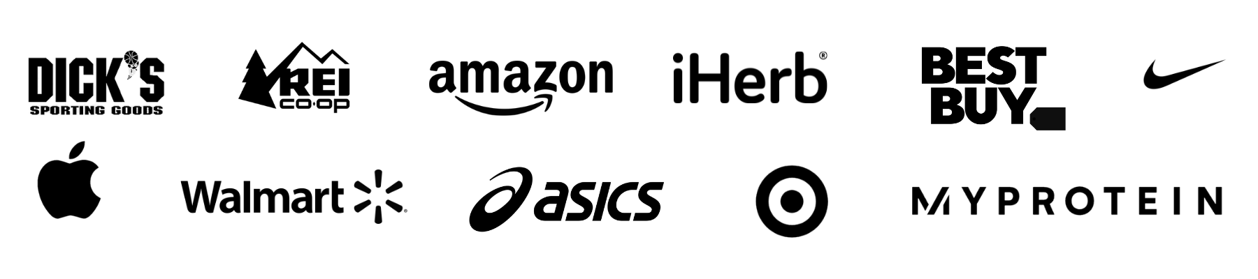 Collection of popular brand logos including Amazon, Nike, Apple, Walmart, and more