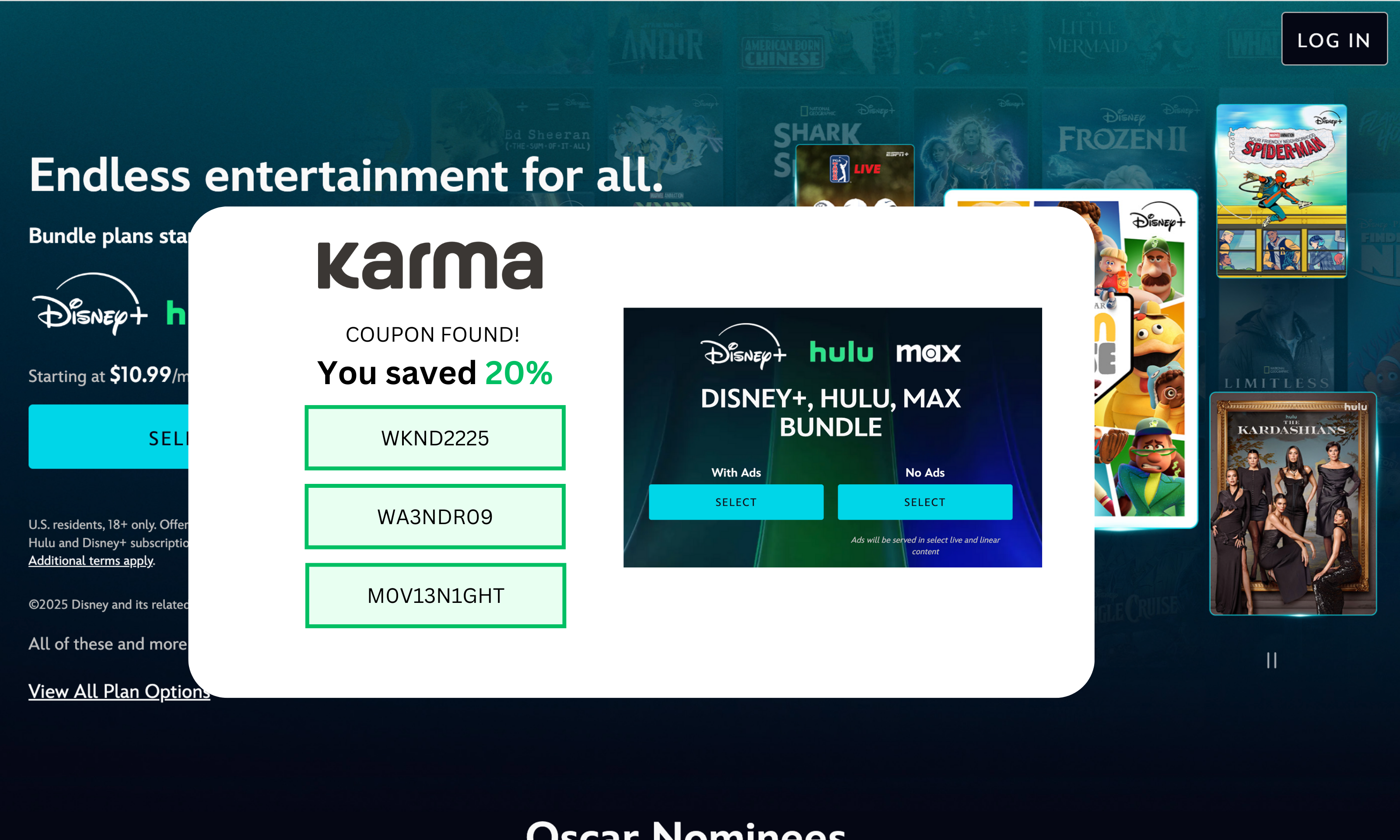 Karma coupon popup with Disney Plus Hulu Max bundle offer