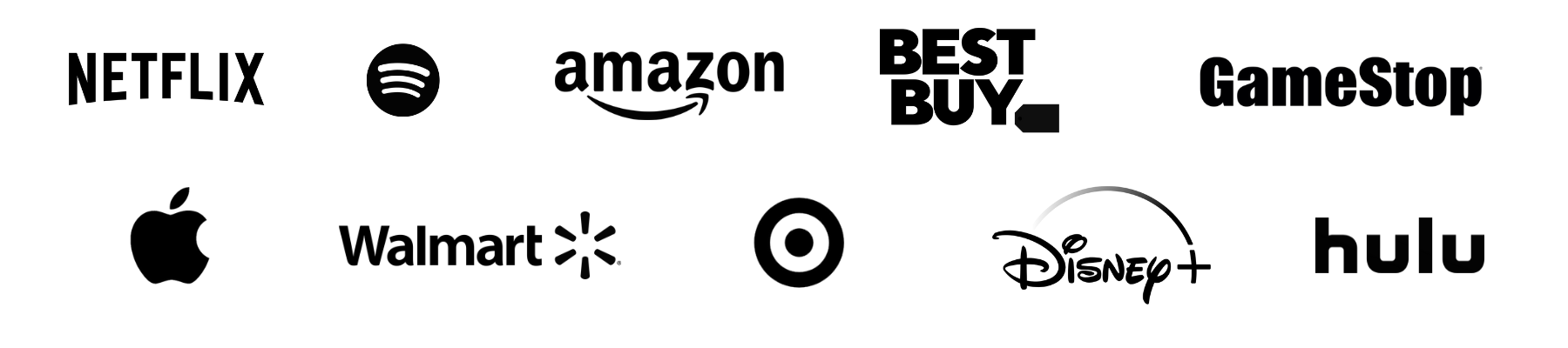 Collection of popular company logos including Netflix, Spotify, Amazon, Apple, Walmart, Target, Disney+, Hulu, GameStop, and Best Buy