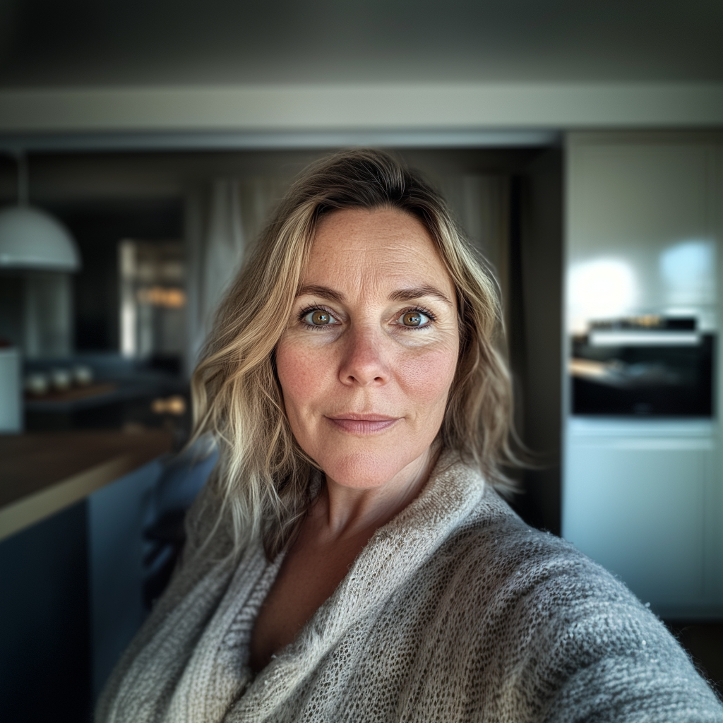 Woman with blonde hair taking indoor selfie