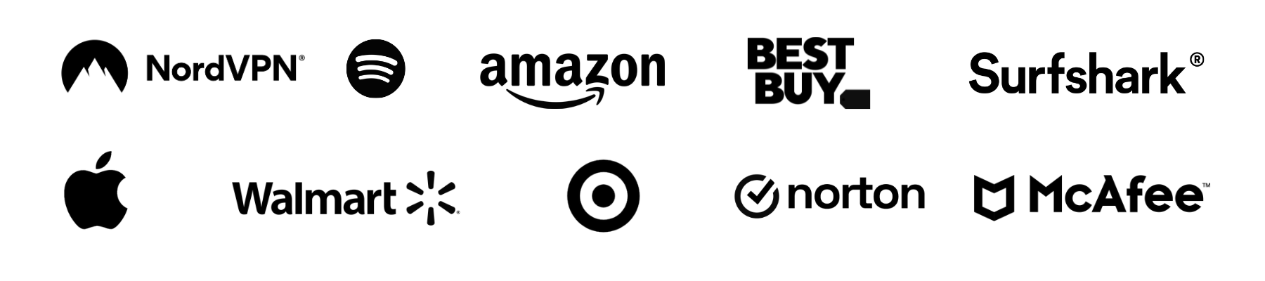 Collection of popular company logos including NordVPN, Spotify, Amazon, Best Buy, Surfshark, Apple, Walmart, Target, Norton, McAfee