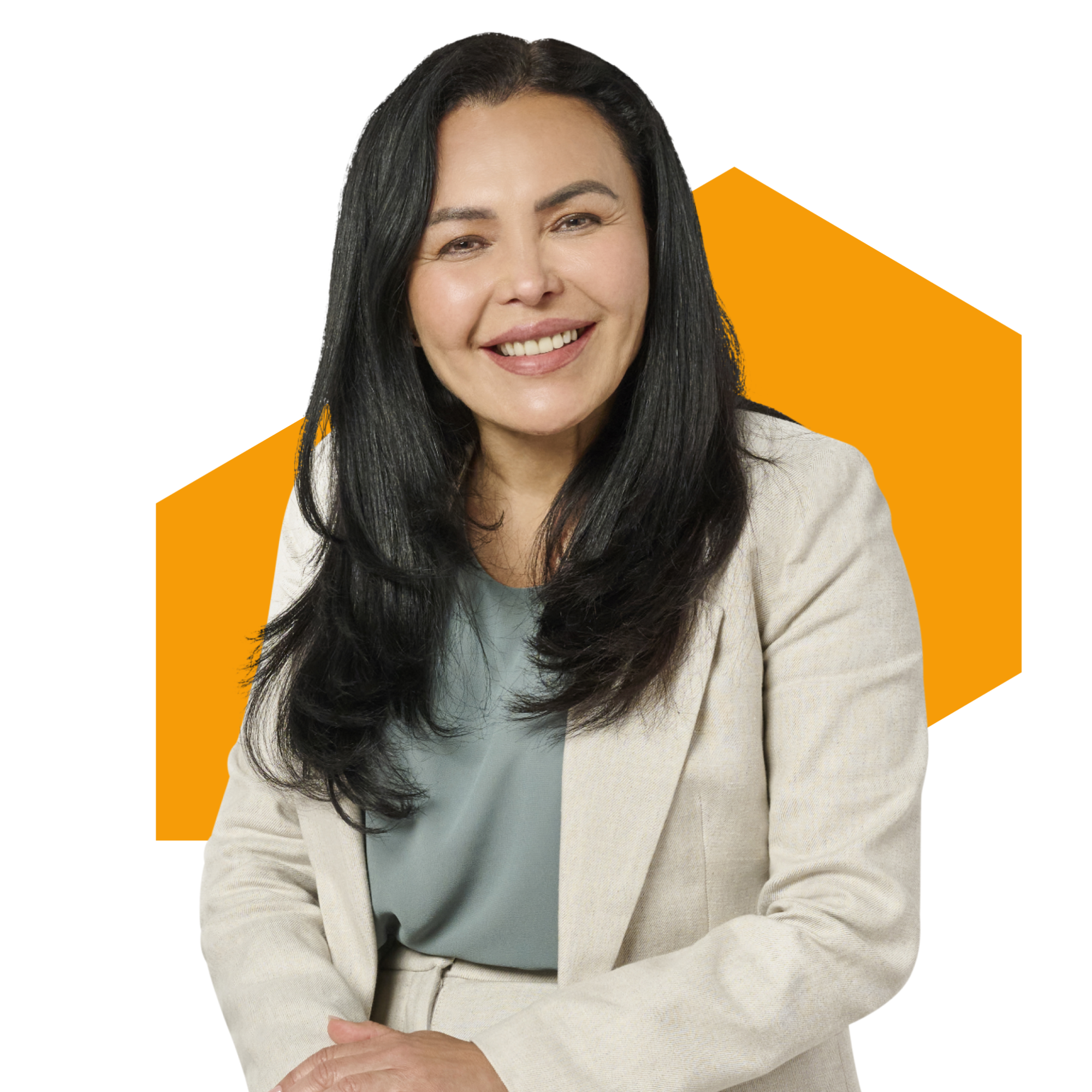 Smiling woman with long black hair wearing blazer