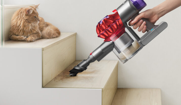 Hand vacuum cleans pet hair on stairs near cat