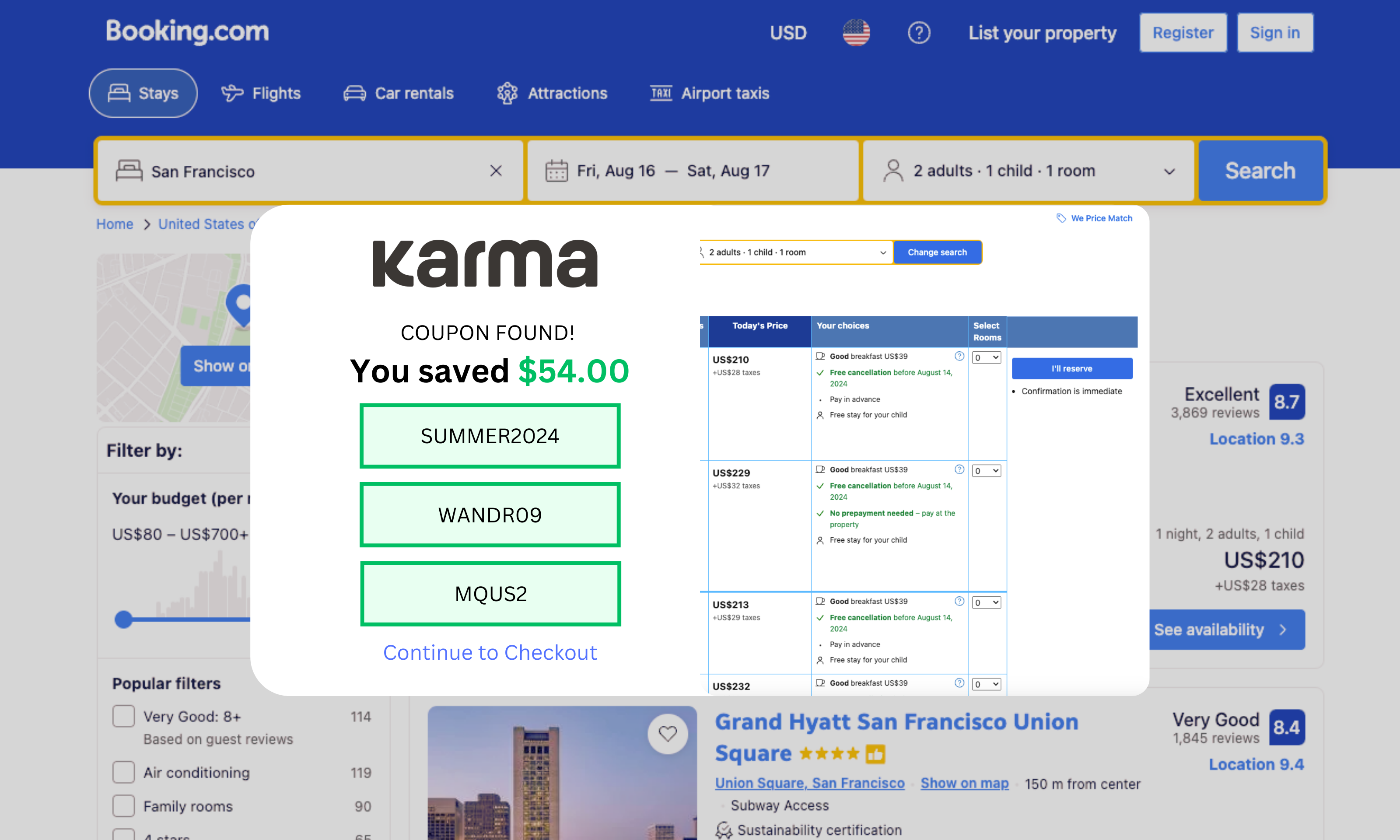 Karma coupon popup showing $54 savings on Booking.com reservation