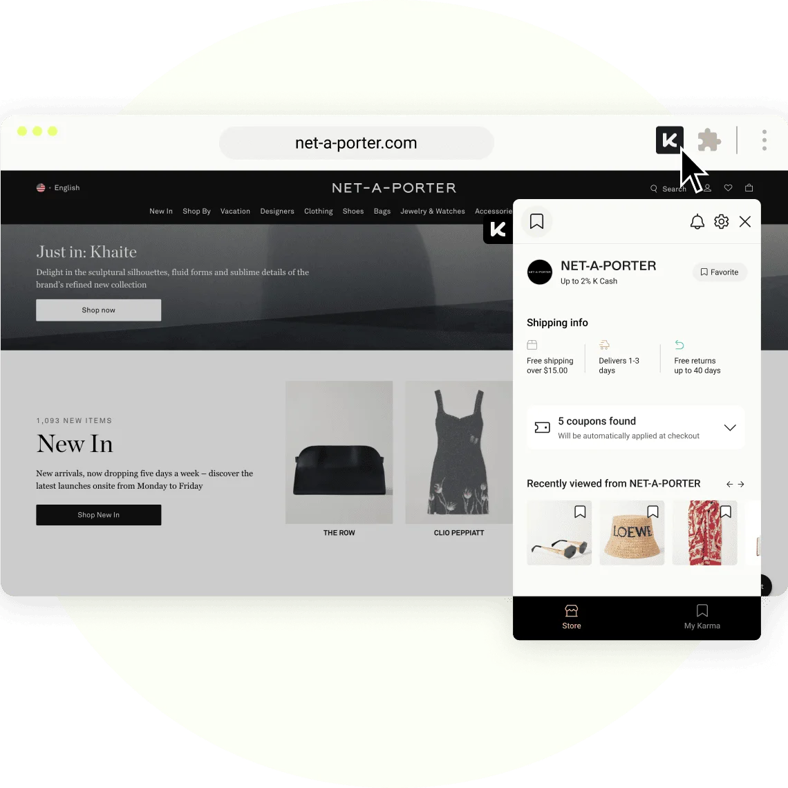 Browser window showing Net-a-Porter online store with coupon extension