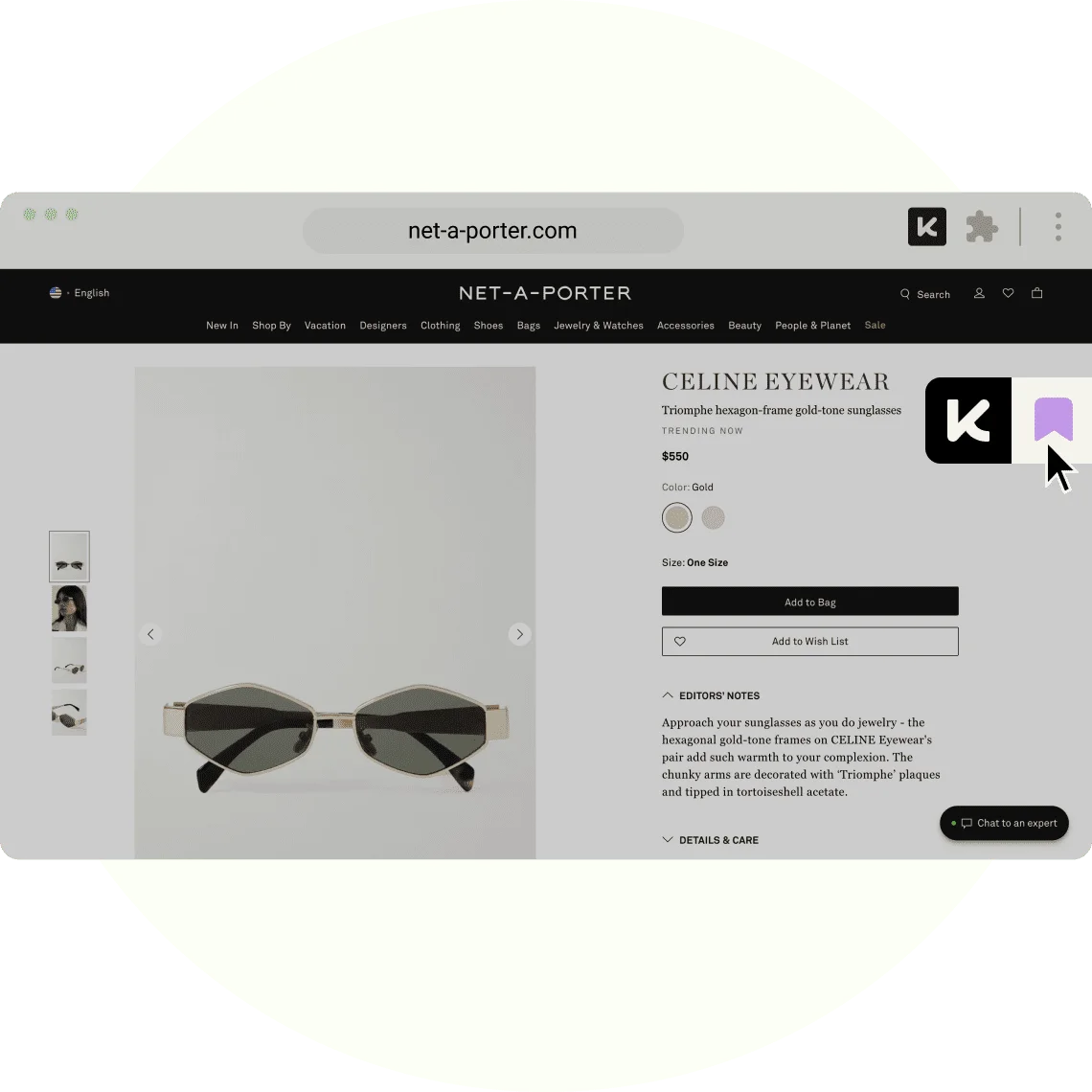 Net-a-Porter webpage showing gold hexagon sunglasses