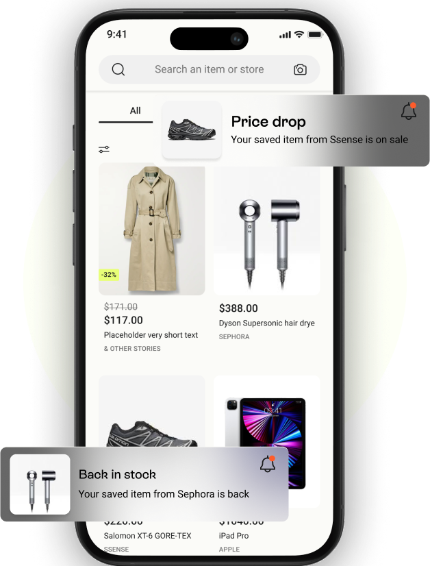 Mobile shopping app with price drop and restock notifications