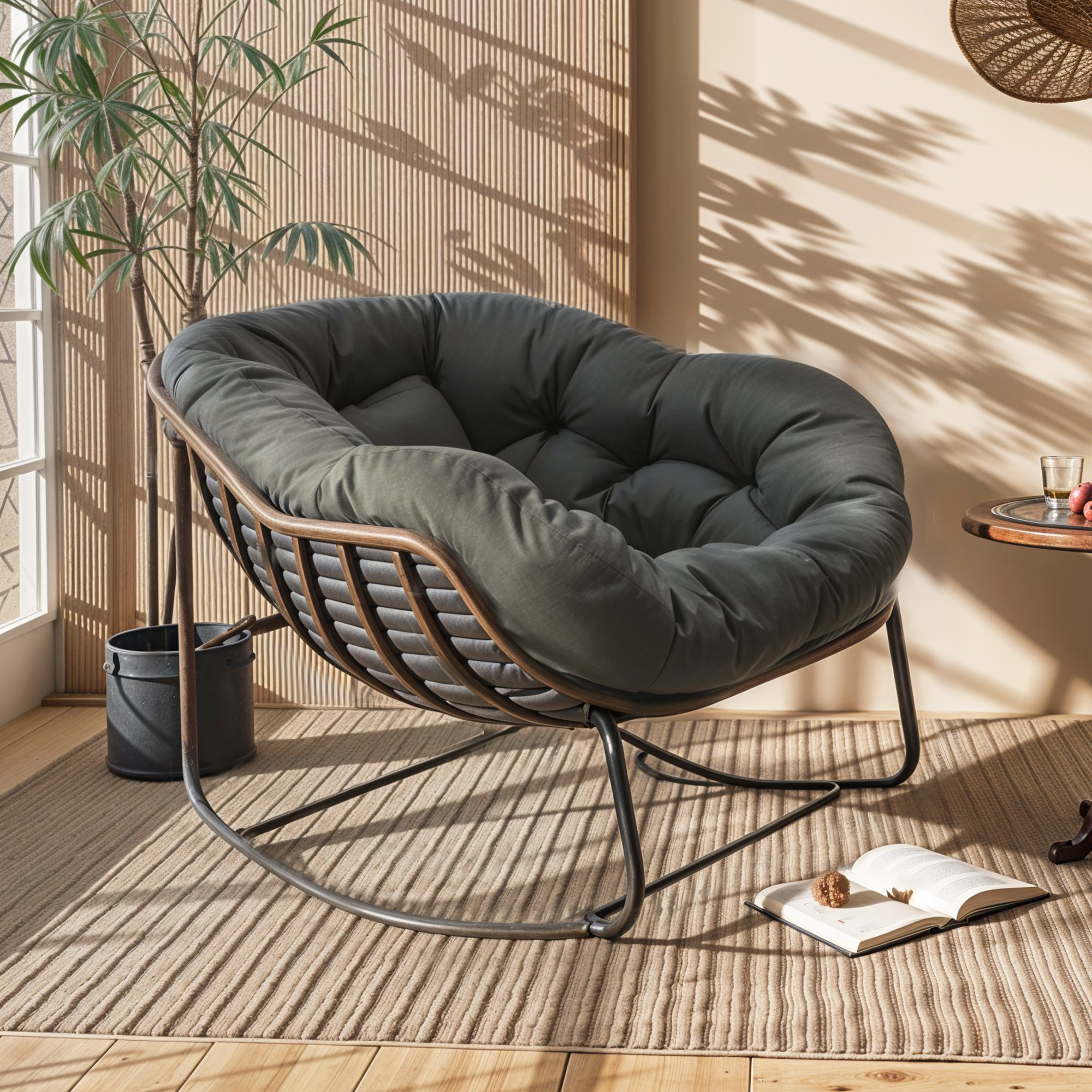 Cozy cushioned chair near plant and open book