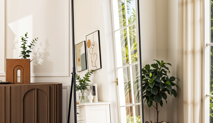 Tall arched mirror reflecting bright room with plants