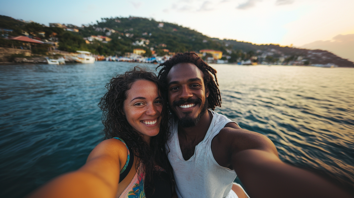 Smiling couple taking selfie by waterfront at sunset