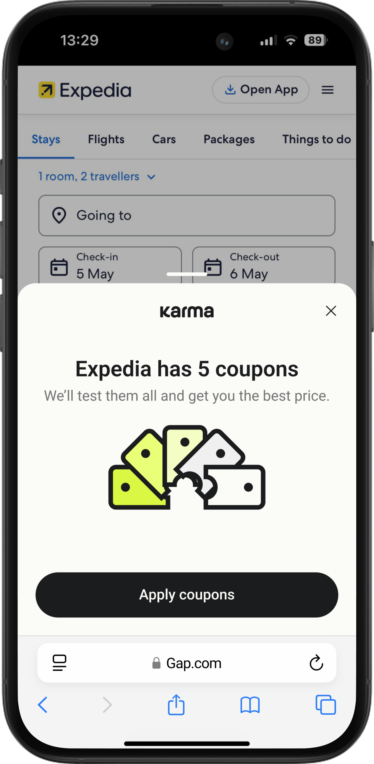 Phone screen showing Expedia coupons offer pop-up