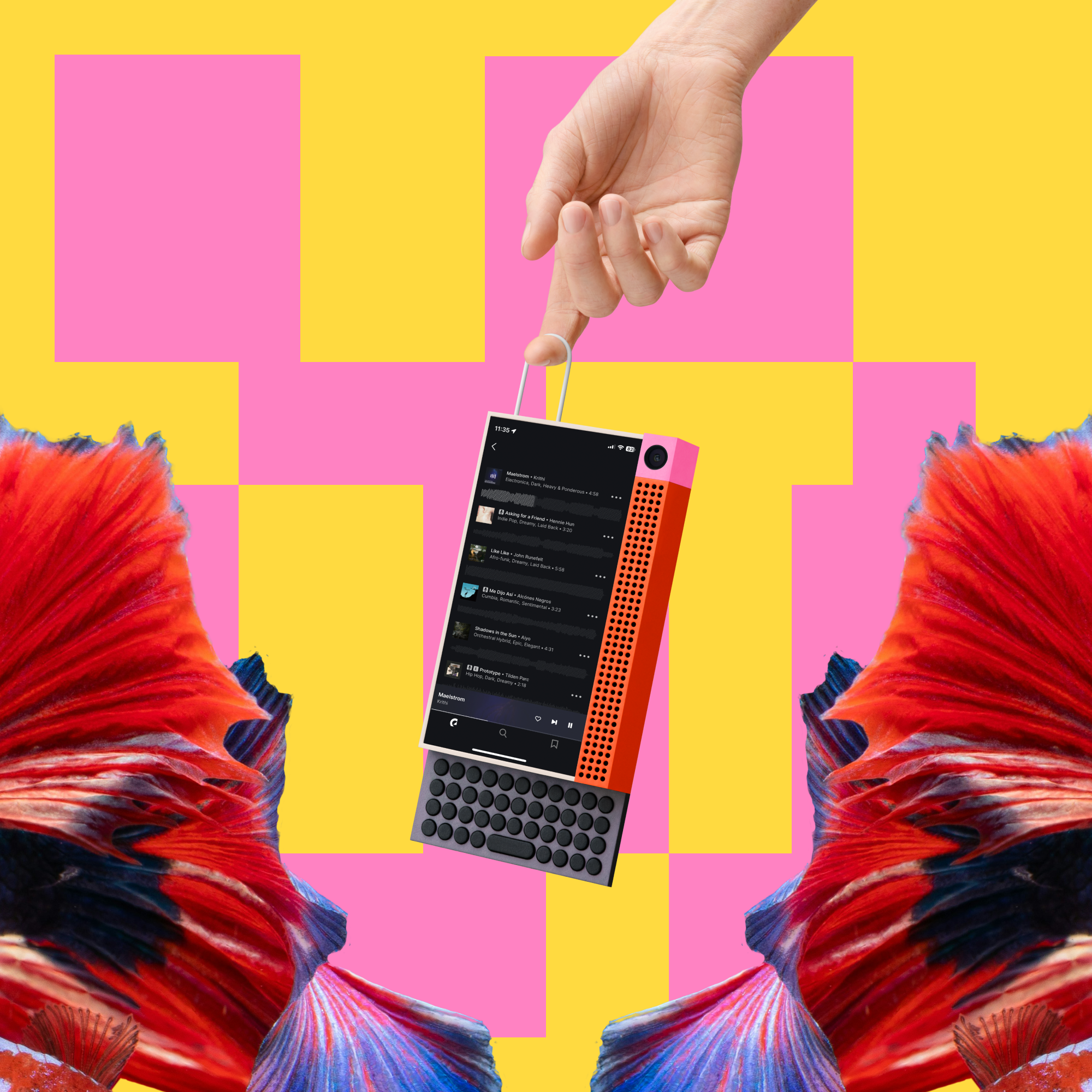 Hand holding colorful retro music player with fish tails