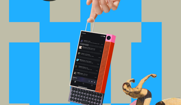 Hand holding colorful music player with planet and divers