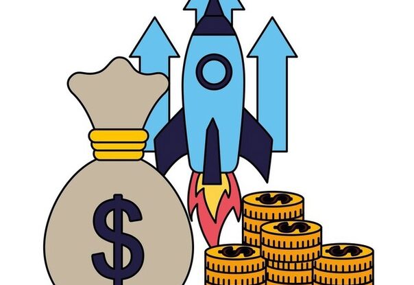 Rocket launching with money bag and coin stacks
