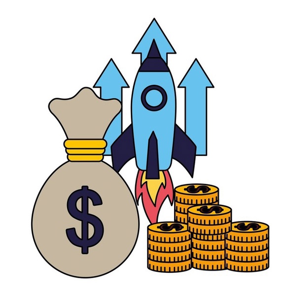 Rocket launching with money bag and coin stacks