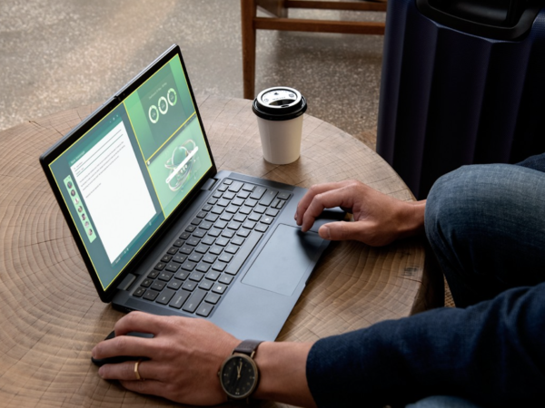 Person using laptop on wooden table with coffee