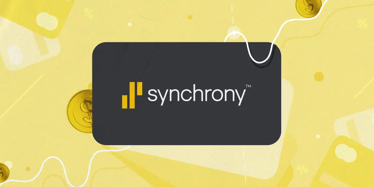 Synchrony logo on dark card with yellow background