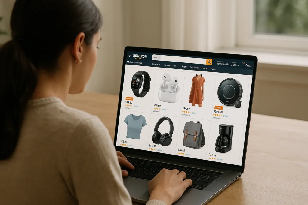 Woman shopping electronics and clothing online