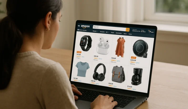 Woman shopping electronics and clothing online