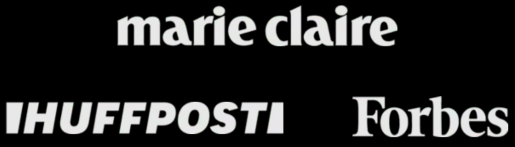 Marie Claire, HuffPost, and Forbes logos on black background