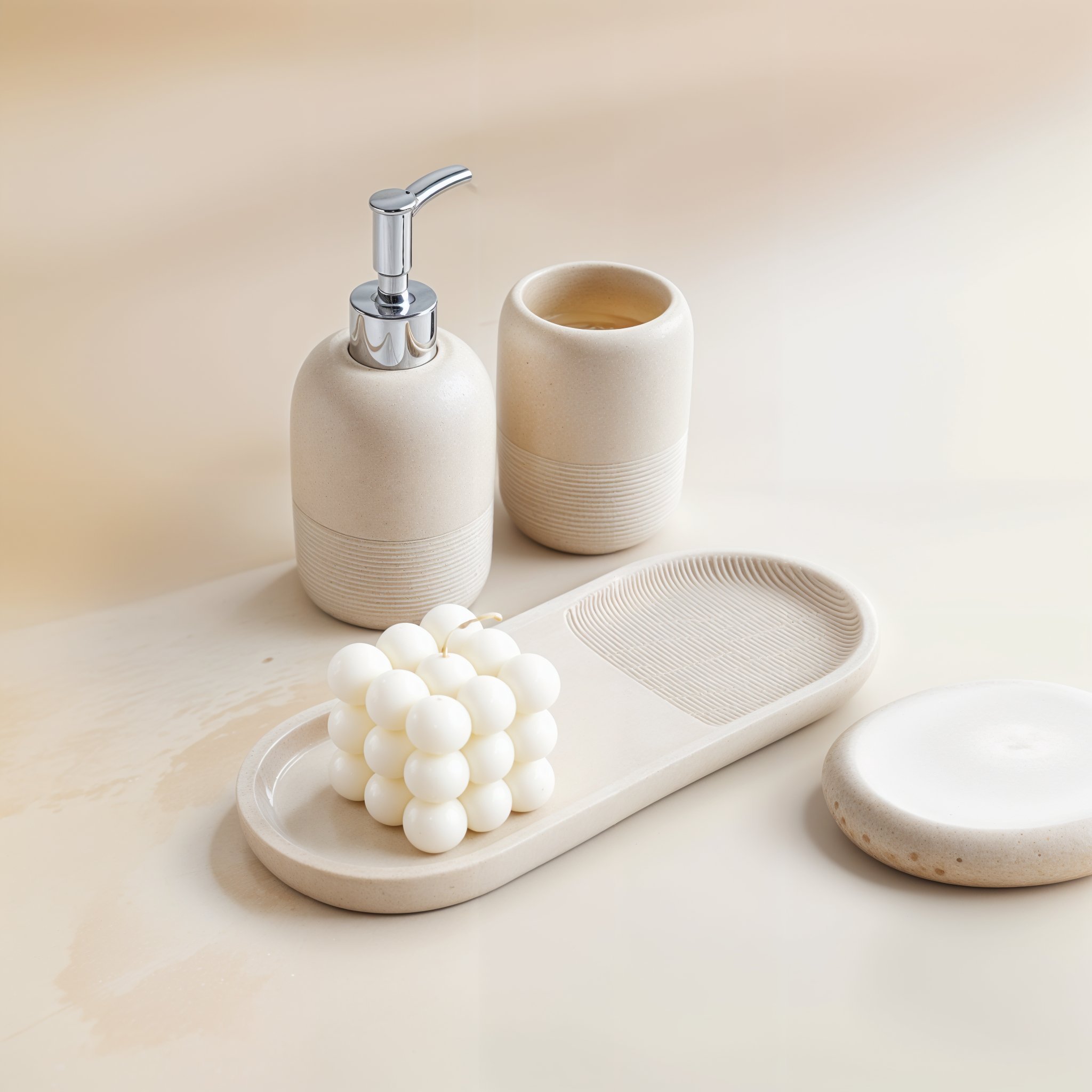 Minimalist beige bathroom accessories set with bubble candle