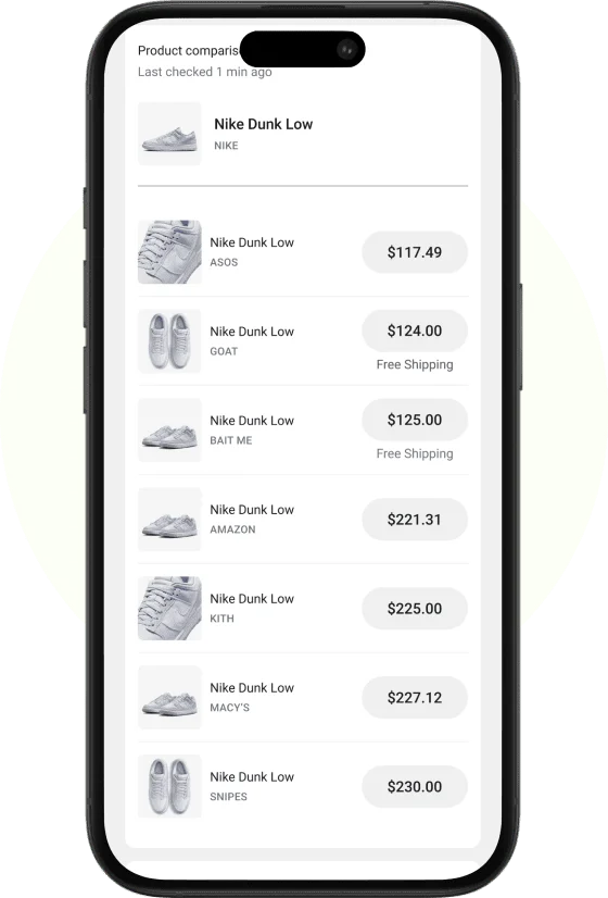 Nike Dunk Low shoe prices comparison on smartphone