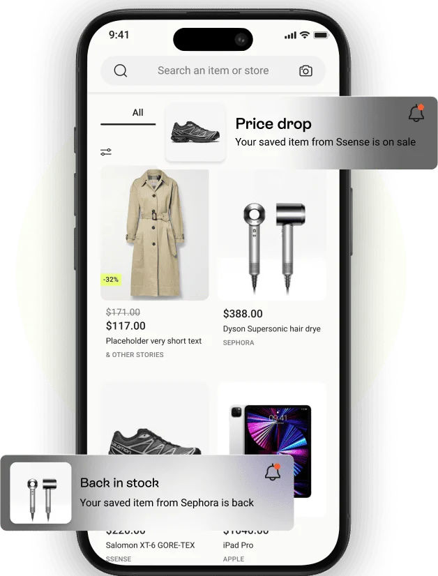 Mobile app showing discounted and restocked products