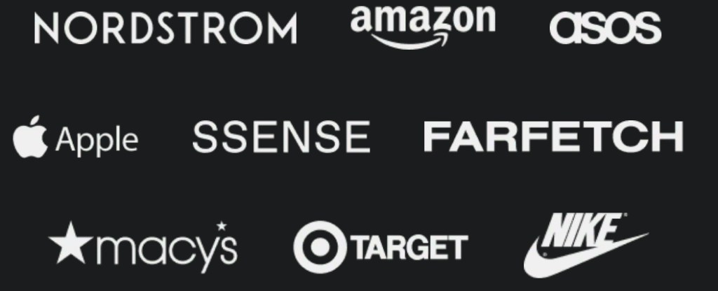 Logos of Nordstrom, Amazon, ASOS, Apple, SSENSE, Farfetch, Macy's, Target, Nike
