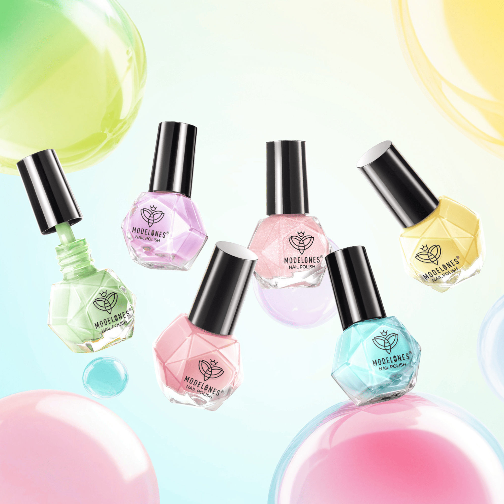 Colorful Modelones nail polish bottles with bubbles
