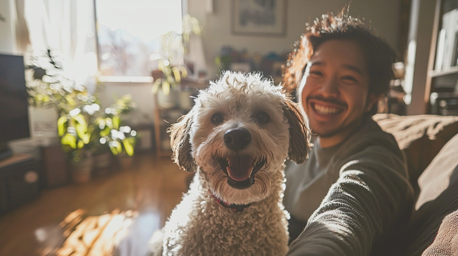 Smiling man taking selfie with happy dog indoors