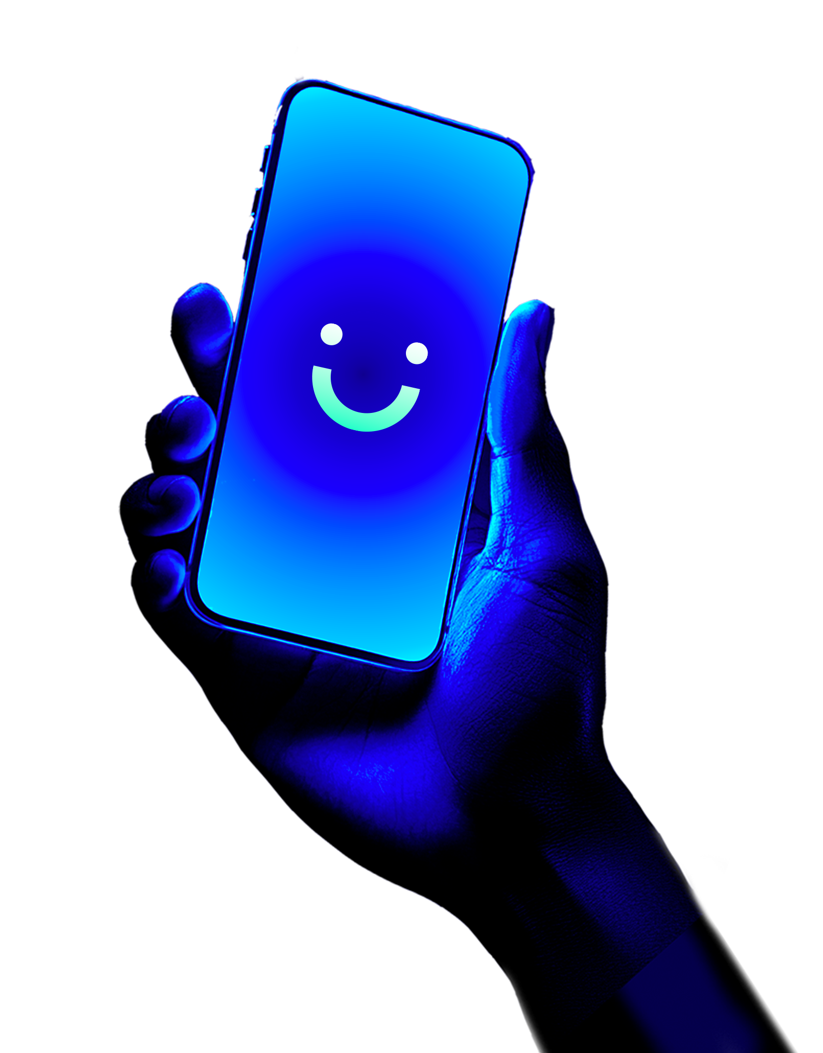 Hand illuminated in blue light holding a smartphone with a bright blue screen displaying a simple smiley face icon.