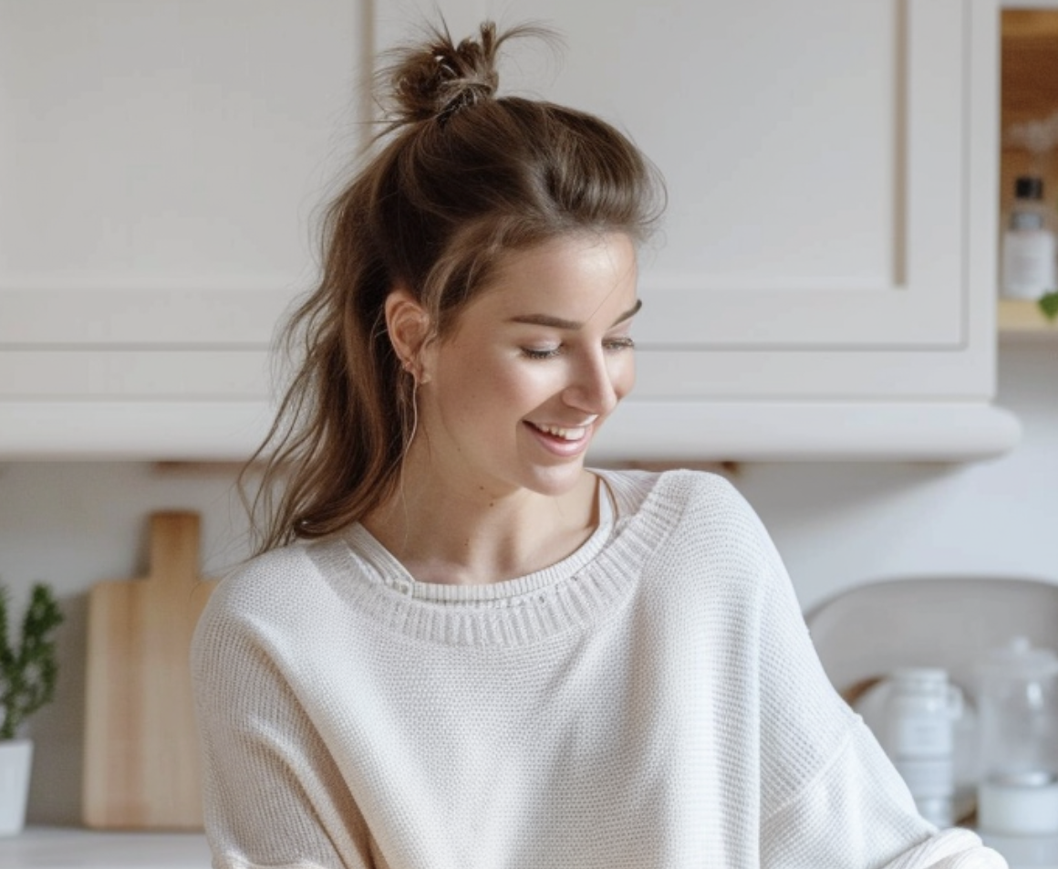 Smiling woman in white sweater in kitchen