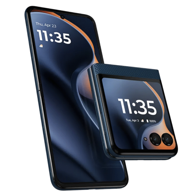 Two modern smartphones side by side, one unfolded with a full display showing the time 11:35 on Thursday, April 23, and the other folded with a smaller external screen showing the time 11:35 on Tuesday, April 3, both featuring a dark blue and orange abstract wallpaper and dual rear cameras on the folded phone.