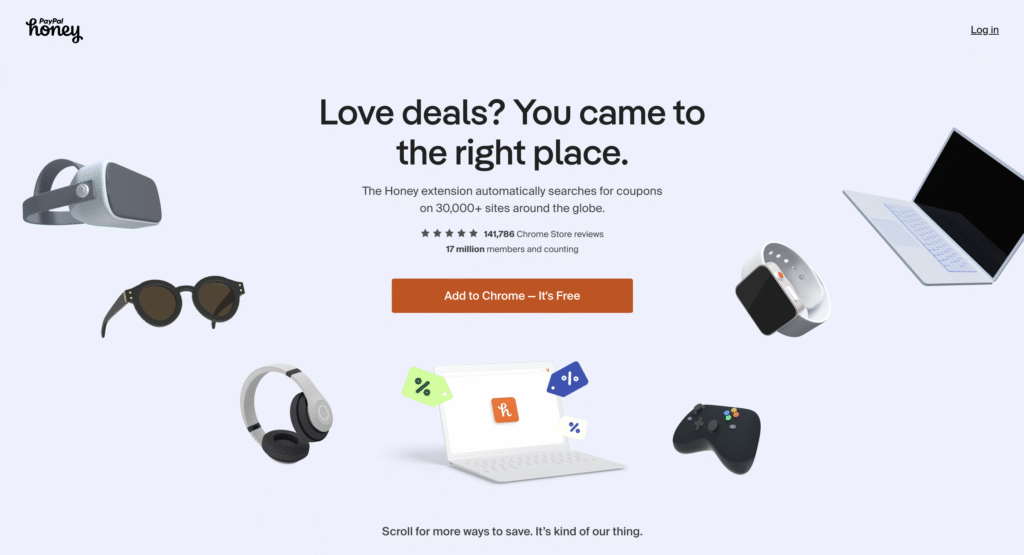Landing page of PayPal Honey featuring a headline about deals with a button to add the Honey extension to Chrome, surrounded by floating images of tech gadgets including a VR headset, sunglasses, headphones, a smartwatch, a laptop, and a game controller on a light blue background.