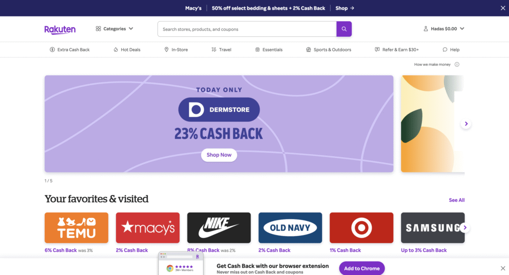 Rakuten website homepage featuring a banner for Dermstore with 23% cash back today only, a search bar, navigation menu including categories like Extra Cash Back, Hot Deals, In-Store, Travel, Essentials, Sports & Outdoors, and user account info showing zero balance; below are favorite and visited stores including Temu, Macy's, Nike, Old Navy, Target, and Samsung with their respective cash back offers.
