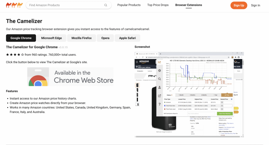 Screenshot of The Camelizer browser extension page showing options for Google Chrome, Microsoft Edge, Mozilla Firefox, Opera, and Apple Safari, with features and user ratings, and a screenshot of an Amazon product page displaying a price tracking graph from the extension.