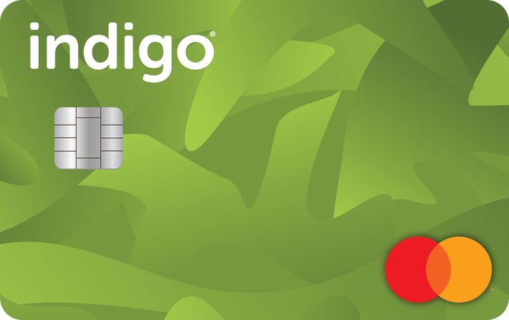 Green credit card with an abstract leaf pattern, silver chip, white "indigo" logo in the top left corner, and red and orange Mastercard logo in the bottom right corner