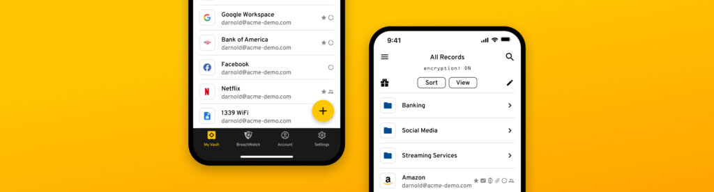 Two smartphones showing password manager app interfaces