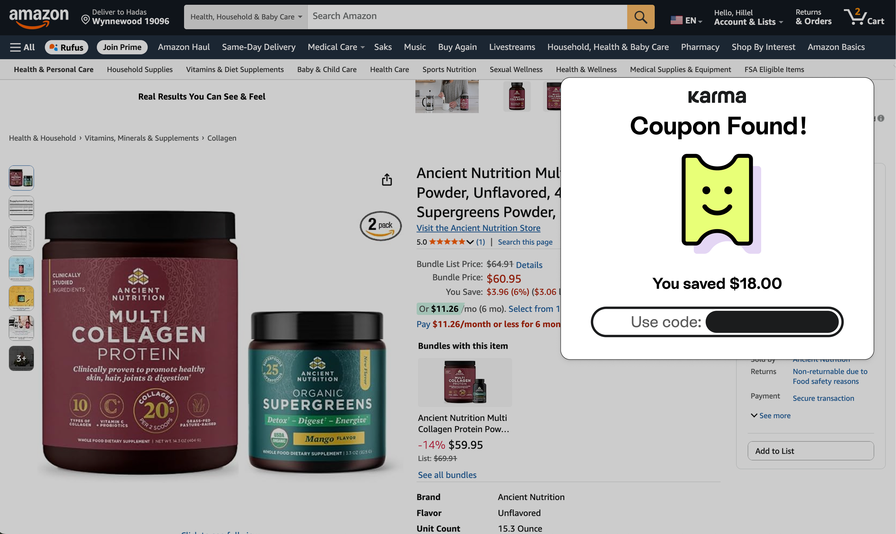 Coupon popup showing $18.00 savings on Amazon collagen product