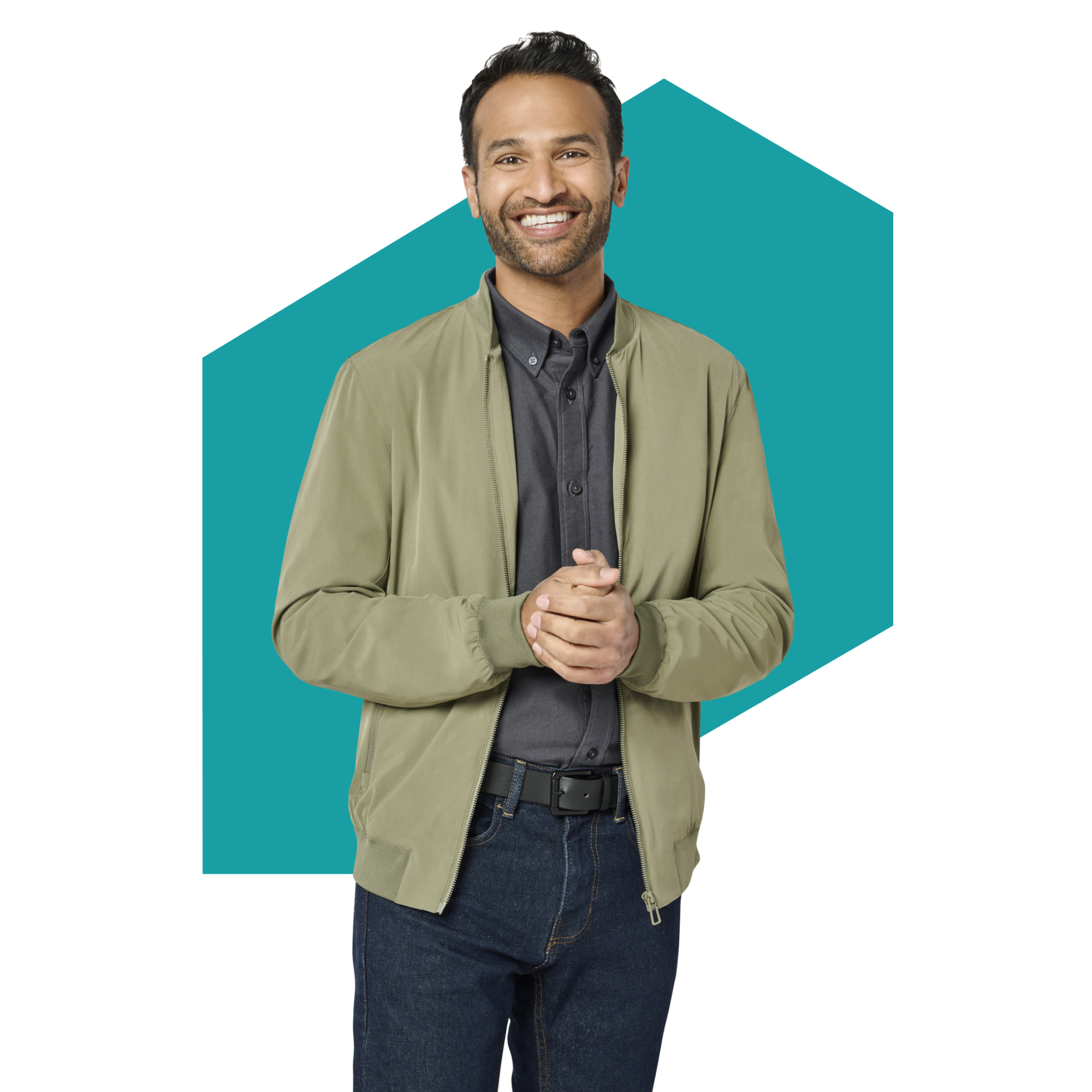 Smiling man in green jacket with folded hands