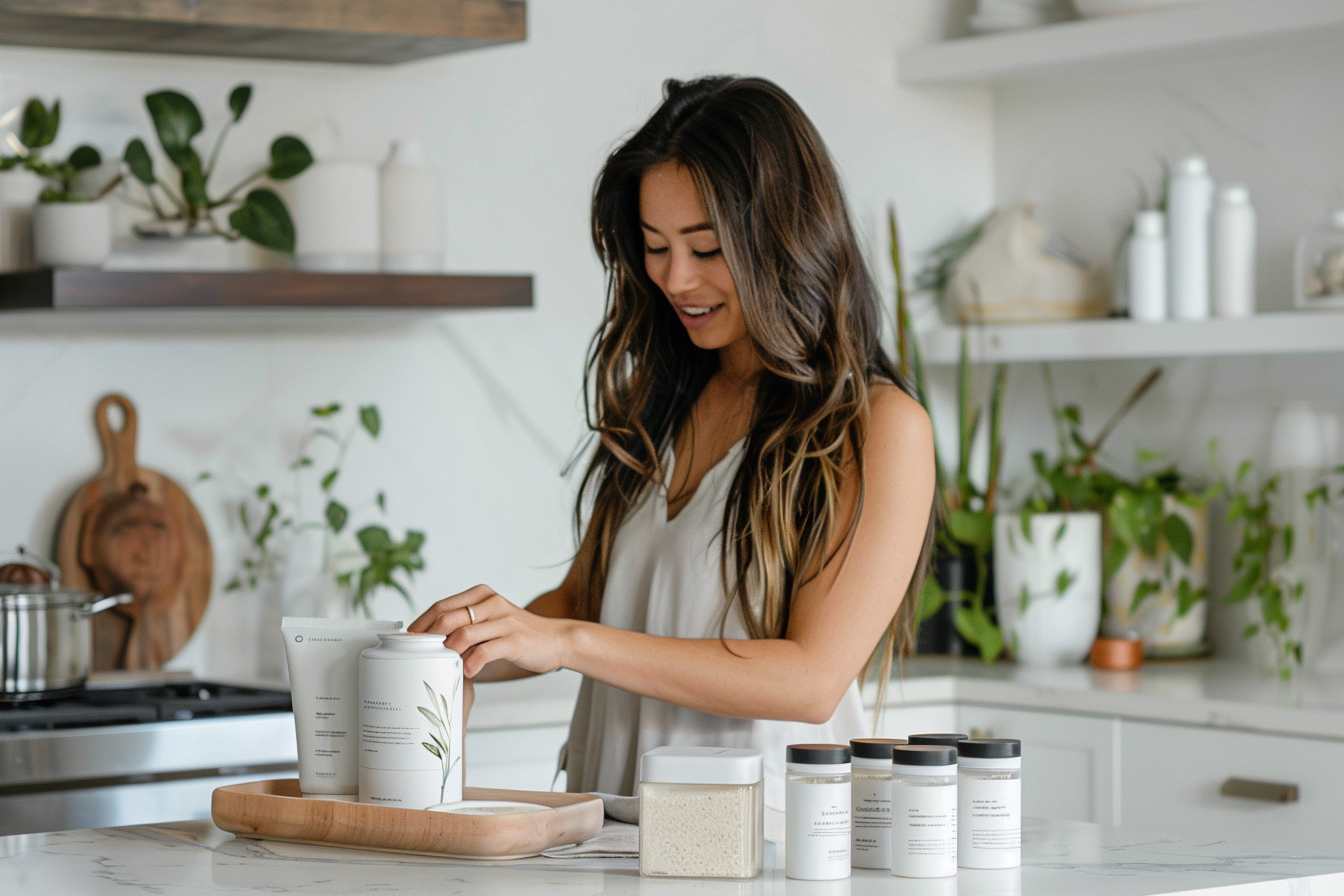 Woman organizing skincare products on kitchen counter